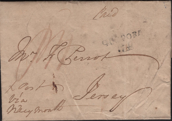 141976 1805 MAIL GOSPORT, HANTS TO JERSEY MANUSCRIPT 'X POST Via Weymouth'.