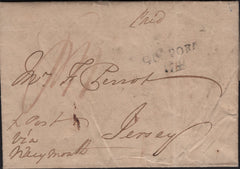 141976 1805 MAIL GOSPORT, HANTS TO JERSEY MANUSCRIPT 'X POST Via Weymouth'.
