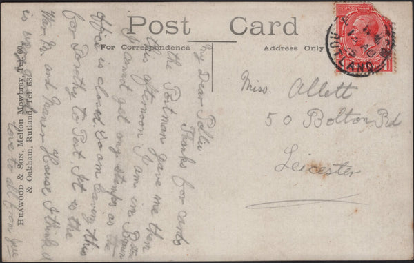 141977 1923 POST CARD BRANSTON, RUTLAND TO LEICESTER WITH 'BRANSTON/RUTLAND' DATE STAMP.