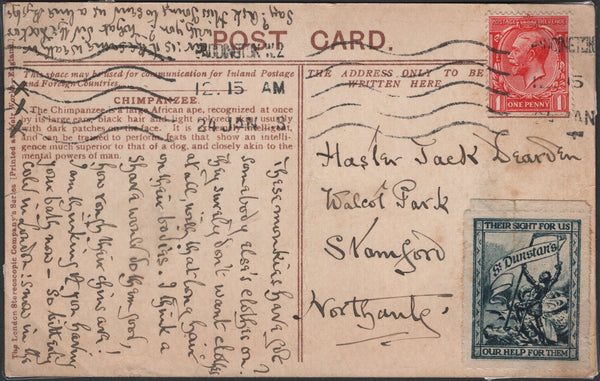 141982 1915 'ST DUNSTAN'S' CHARITY LABELS, SMALL GROUP OF MINT BLOCKS AND THREE EXAMPLES ON POST CARDS.