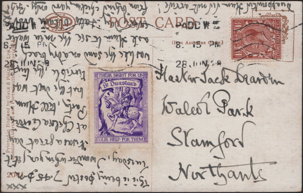 141982 1915 'ST DUNSTAN'S' CHARITY LABELS, SMALL GROUP OF MINT BLOCKS AND THREE EXAMPLES ON POST CARDS.