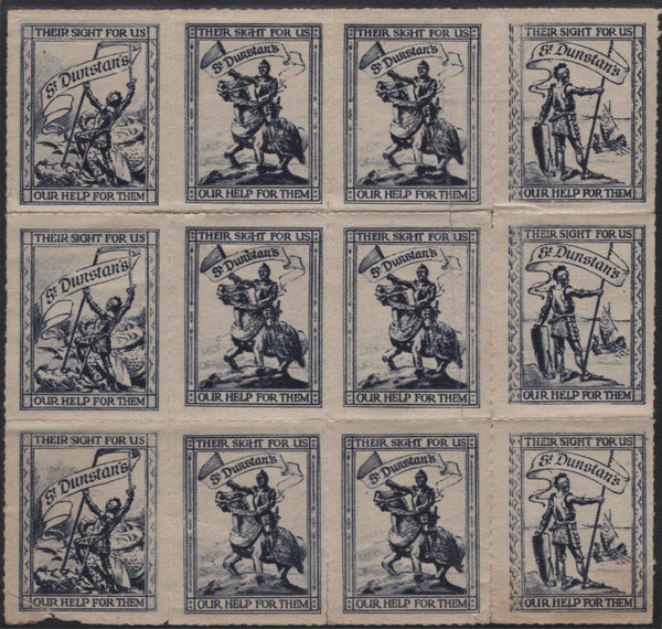 141982 1915 'ST DUNSTAN'S' CHARITY LABELS, SMALL GROUP OF MINT BLOCKS AND THREE EXAMPLES ON POST CARDS.
