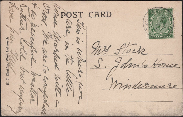 141983 1917 POST CARD TYNEHAM, A 'LOST VILLAGE' IN DORSET TO WINDERMERE WITH 'TYNEHAM' DATE STAMP.