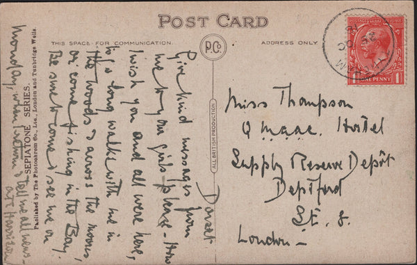 141985 1918 POST CARD TYNEHAM, A 'LOST VILLAGE' IN DORSET TO LONDON WITH 'TYNEHAM' DATE STAMP.