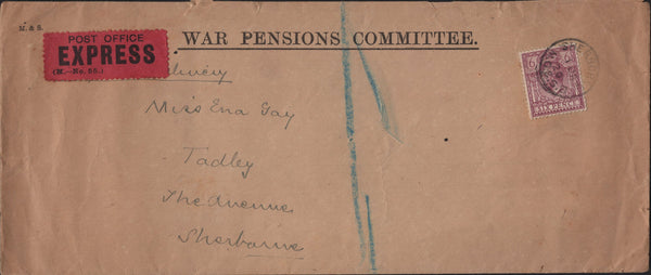 141989 1920 'WAR PENSIONS COMMITTEE' MAIL SENT 'EXPRESS' WITHIN SHERBORNE.