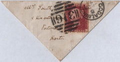 141996 1878 MINIATURE TRIANGULAR ENVELOPE GODALMING, SURREY TO PORTSMOUTH 1D PL.196 (SG43) WITH FINE COLOURED IMAGE OF BEETLE ON REVERSE.