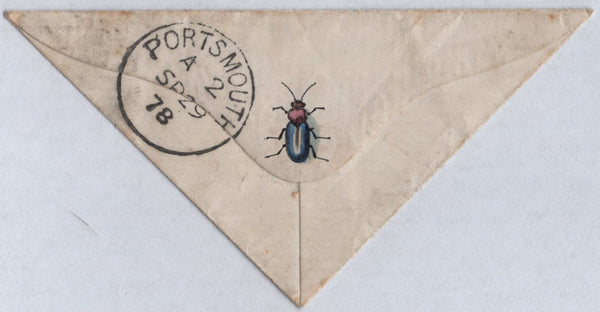 141996 1878 MINIATURE TRIANGULAR ENVELOPE GODALMING, SURREY TO PORTSMOUTH 1D PL.196 (SG43) WITH FINE COLOURED IMAGE OF BEETLE ON REVERSE.