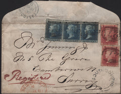 141997 1860 REGISTERED MAIL SOUTHBOURNE, SUSSEX TO CAMBERWELL WITH 1D (SG40) X 2 AND 2D BLUE (SG45) X 3.