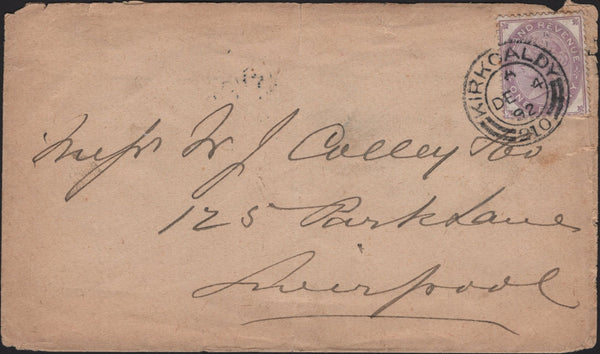 141999 1892 MAIL KIRKCALDY TO LIVERPOOL WITH 1D INLAND REVENUE (L122/F22).