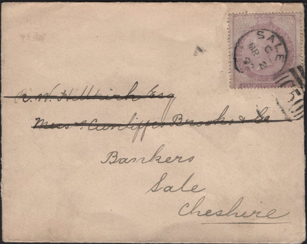 142000 1892 MAIL USED LOCALLY IN SALE, CHESHIRE WITH 1D INLAND REVENUE (F12).