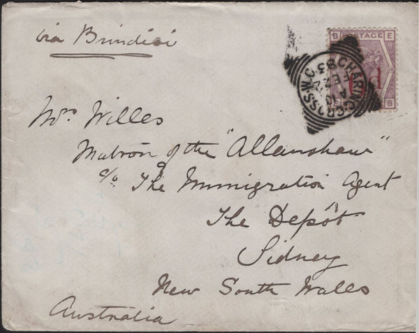 142001 1883 MAIL CHARING CROSS, LONDON TO NEW SOUTH WALES WITH 6D ON 6D LILAC (SG162).