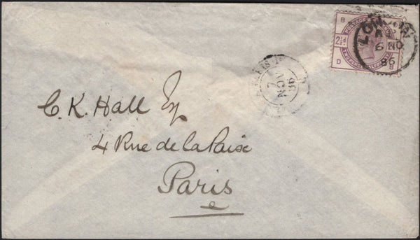 142003 1886 MAIL LONDON TO PARIS 2½D LILAC (SG190) WITH 'LONDON' CDS.