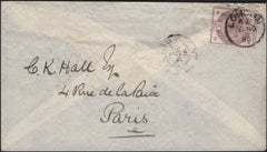 142003 1886 MAIL LONDON TO PARIS 2½D LILAC (SG190) WITH 'LONDON' CDS.