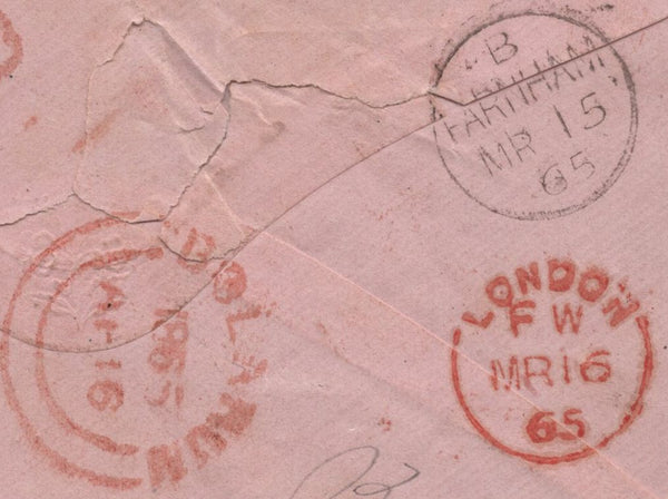 142005 1865 MAIL FARNHAM, HANTS TO NIZAM'S DOMINIONS, INDIA WITH 4D (SG80) AND 6D (SG85).