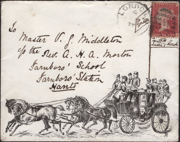 142006 1877 PRINTED ILLUSTRATED ENVELOPE HORSES AND CARRIAGE LONDON TO FARNBOROUGH, HANTS WITH 1D PL.189 (SG43).