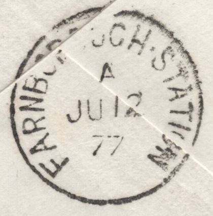 142006 1877 PRINTED ILLUSTRATED ENVELOPE HORSES AND CARRIAGE LONDON TO FARNBOROUGH, HANTS WITH 1D PL.189 (SG43).