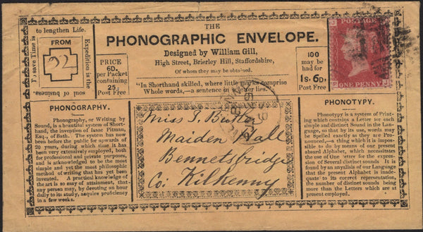 142007 1865 ILLUSTRATED 'THE PHONOGRAPHIC ENVELOPE' ADDRESSED TO BENNETSBRIDGE, CO. KILKENNY.