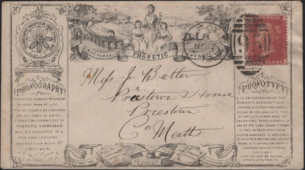 142008 1873 ILLUSTRATED 'NATIONAL PHONETIC ENVELOPE' ALFORD, LINCS TO PRIESTOWN, CO. MEATH 1D PL.157 (SG43).