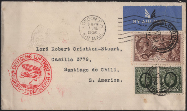 142009 1936 AIR MAIL COVERS (FOUR) FROM THE UK TO 'LORD ROBERT CRICHTON-STUART' IN CHILE WITH SEAHORSE ISSUES.
