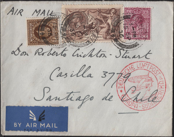 142009 1936 AIR MAIL COVERS (FOUR) FROM THE UK TO 'LORD ROBERT CRICHTON-STUART' IN CHILE WITH SEAHORSE ISSUES.