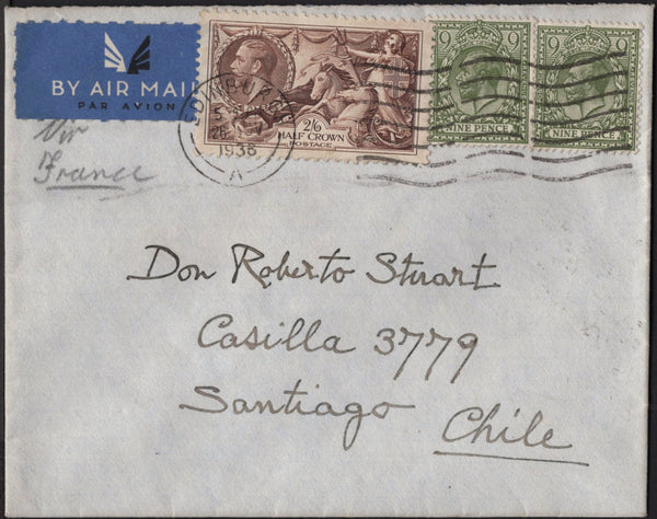 142009 1936 AIR MAIL COVERS (FOUR) FROM THE UK TO 'LORD ROBERT CRICHTON-STUART' IN CHILE WITH SEAHORSE ISSUES.