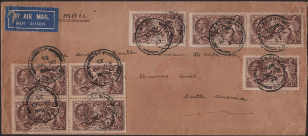 142010 1935 AIR MAIL GLASGOW TO BUENOS AIRES WITH 2/6 SEAHORSE (SG450) X 8.