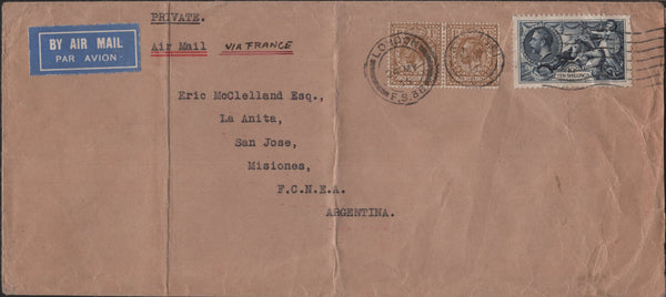 142011 1935 AIR MAIL LONDON TO SAN JOSE, ARGENTINA WITH 10S SEAHORSE (SG452) AND PAIR OF 1S BISTRE-BROWN (SG429).