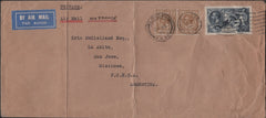 142011 1935 AIR MAIL LONDON TO SAN JOSE, ARGENTINA WITH 10S SEAHORSE (SG452) AND PAIR OF 1S BISTRE-BROWN (SG429).