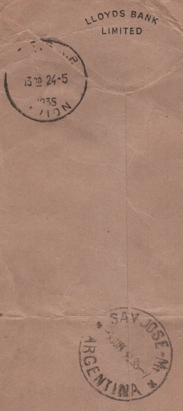 142011 1935 AIR MAIL LONDON TO SAN JOSE, ARGENTINA WITH 10S SEAHORSE (SG452) AND PAIR OF 1S BISTRE-BROWN (SG429).