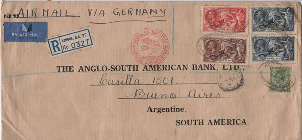 142012 1935 LARGE ENVELOPE REGISTERED AIR MAIL LONDON TO BUENOS AIRES WITH ALL THREE RE-ENGRAVED SEAHORSES (SG450-452) AND EXTRA 10S.