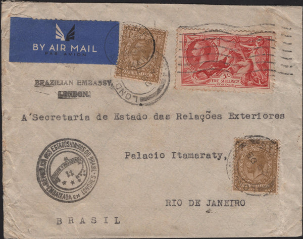142015 1934 AIR MAIL FROM THE BRAZILIAN EMBASSY, LONDON TO RIO DE JANEIRO, BRAZIL WITH 5S SEAHORSE (SG451) AND 1S (SG429) X 2.