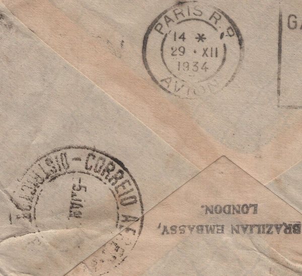 142015 1934 AIR MAIL FROM THE BRAZILIAN EMBASSY, LONDON TO RIO DE JANEIRO, BRAZIL WITH 5S SEAHORSE (SG451) AND 1S (SG429) X 2.