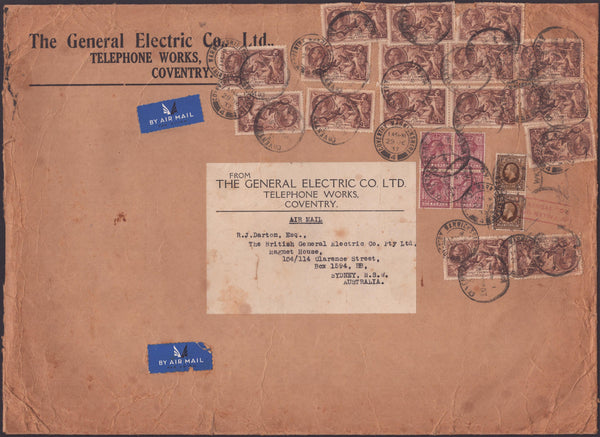 142019 1937 VERY LARGE ENVELOPE AIR MAIL COVENTRY, WARWICKS TO SYDNEY, AUSTRALIA WITH 2/6 SEAHORSE (SG450) X 16, 6D (SG426a) BLOCK OF FOUR AND 1S PHOTOGRAVURE (SG449) X 2.
