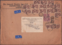 142019 1937 VERY LARGE ENVELOPE AIR MAIL COVENTRY, WARWICKS TO SYDNEY, AUSTRALIA WITH 2/6 SEAHORSE (SG450) X 16, 6D (SG426a) BLOCK OF FOUR AND 1S PHOTOGRAVURE (SG449) X 2.