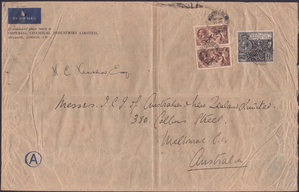 142020 1937 VERY LARGE ENVELOPE AIR MAIL LONDON TO MELBOURNE, AUSTRALIA WITH £1 PUC (SG438) AND 2/6 SEAHORSE (SG450) X 2.