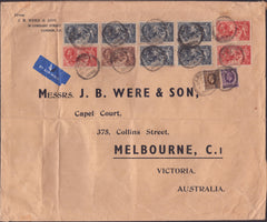 142022 1938 LARGE ENVELOPE AIR MAIL LONDON TO MELBOURNE, AUSTRALIA WITH SEAHORSE 2/6 (SG450), 5S (SG451) X 3, 10S (SG452) X 6 AND PHOTOGRAVURE 3D AND 1S.