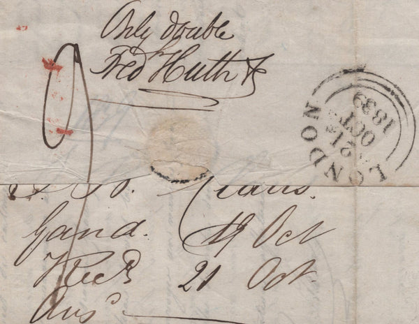 142026 1839 LETTER GAND (GHENT) TO LONDON WITH VERY FINE STRIKE 'REBATE/CROWN 23 OC 23 1839/F.B.O.' HAND STAMP (L298c).