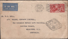 142029 1931 AIR MAIL LEEDS TO MELBOURNE, AUSTRALIA WITH SEAHORSE 5S (SG416) 'ABEL TASMAN' CACHET.