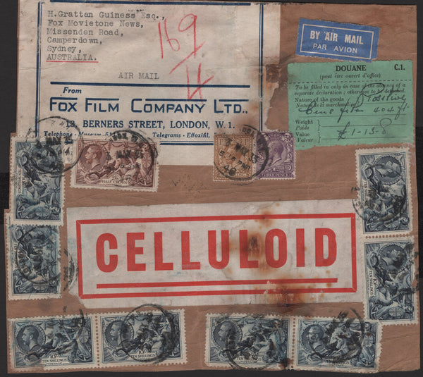 142030 1933 LARGE PART PARCEL WRAPPER LONDON TO AUSTRALIA WITH SEAHORSE 2/6 (SG450), 10S (SG452) X 8 ALSO KGV 3D AND 1S.