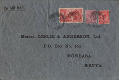 142032 1933 AIR MAIL  LONDON TO MOMBASA, KENYA WITH 5S SEAHORSE (SG416) ALSO KGV 1D AND 6D.