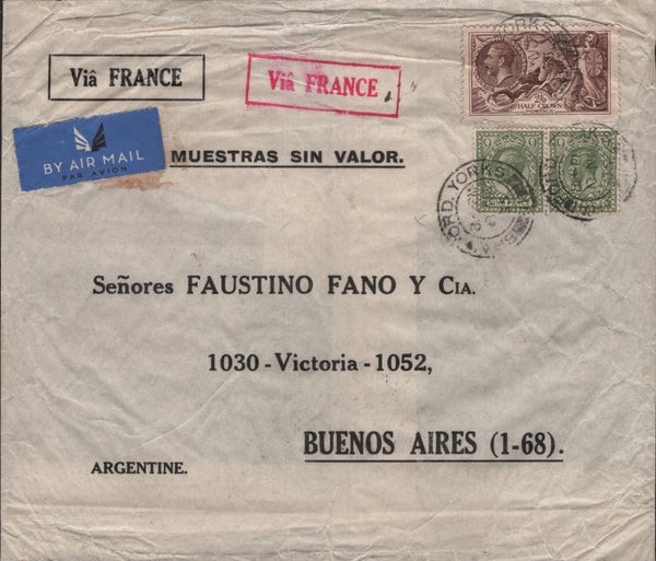 142033 1935 SAMPLE MAIL SENT AIR MAIL BRADFORD, YORKS TO BUENOS AIRES WITH 2/6 SEAHORSE (SG450) AND 9D (SG427) X 2.