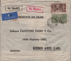 142033 1935 SAMPLE MAIL SENT AIR MAIL BRADFORD, YORKS TO BUENOS AIRES WITH 2/6 SEAHORSE (SG450) AND 9D (SG427) X 2.