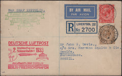 142038 1933 REGISTERED AIRMAIL LIVERPOOL TO BRAZIL VIA GRAF ZEPPELIN WITH KGV 1D AND 1S, VERY FINE ZEPPELIN CACHETS.