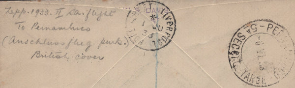 142038 1933 REGISTERED AIRMAIL LIVERPOOL TO BRAZIL VIA GRAF ZEPPELIN WITH KGV 1D AND 1S, VERY FINE ZEPPELIN CACHETS.
