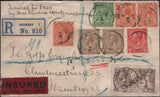 142040 1926 REGISTERED INSURED MAIL GRIMSBY TO HAMBURG WITH 2/6 SEAHORSE (SG415a) AND VARIOUS OTHER KGV ISSUES.