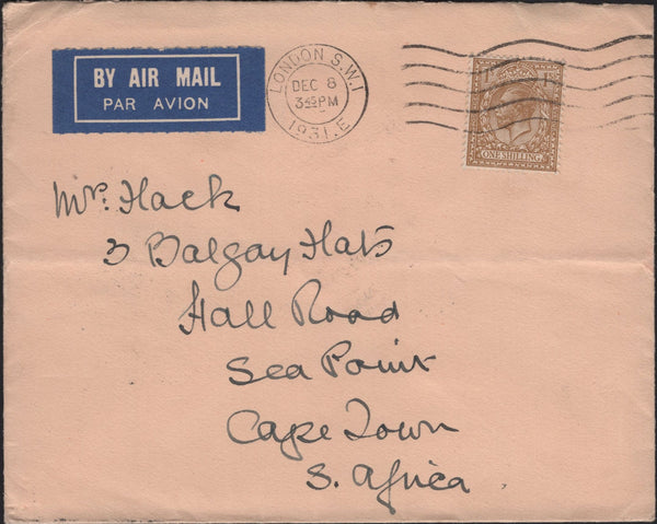 142043 1931 AIRMAIL LONDON TO CAPE TOWN, SOUTH AFRICA WITH KGV 1S (SG429).