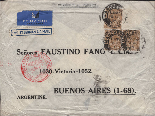 142044 1935 AIRMAIL MANCHESTER TO BUENOS AIRES,  ARGENTINE, KGV 1S (SG429) X 3.