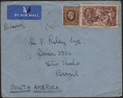 142047 1938 AIRMAIL SOUTH KENSINGTON, LONDON TO BRAZIL WITH 2/6 SEAHORSE (SG450) 1S (SG449).