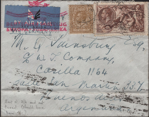 142048 1935 AIRMAIL LONDON TO BUENOS,AIRES,  ARGENTINA WITH 2/6 SEAHORSE (SG450) AND 1S (SG429).