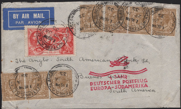142051 1935 AIRMAIL GLASGOW TO BUENOS AIRES, SOUTH AMERICA WITH 5S SEAHORSE (SG451) AND KGV 1S (SG429) X 7.